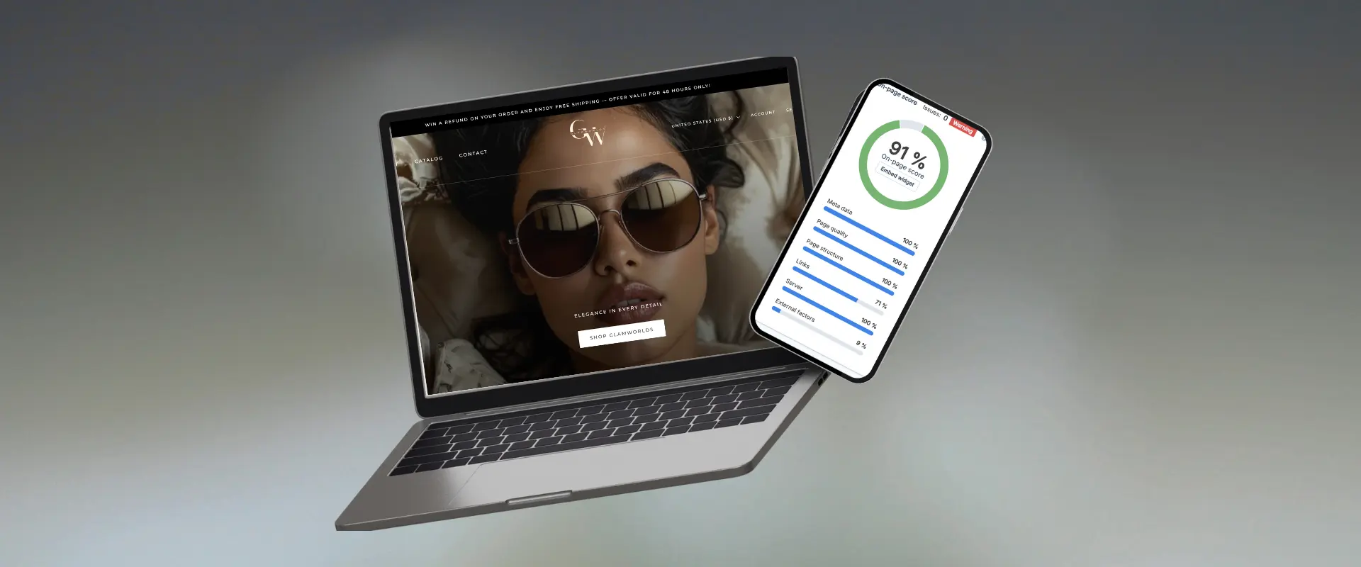 Projet Shopify GlamWorlds Optimisation SEO Shopify boutique beauté GlamWorlds score élevé